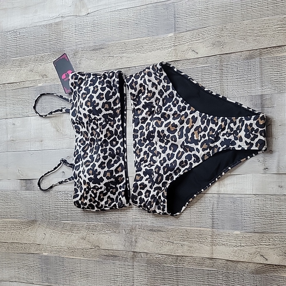 Women's 2 Pieces Bandeau Bikini Swimsuits High Waist Brown Leopard - Picture 8 of 11
